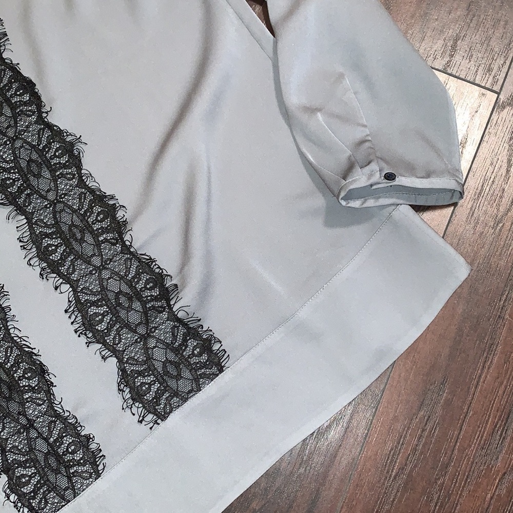 J. Crew Gray Blouse with Black Lace, sz Medium - Picture 12 of 16